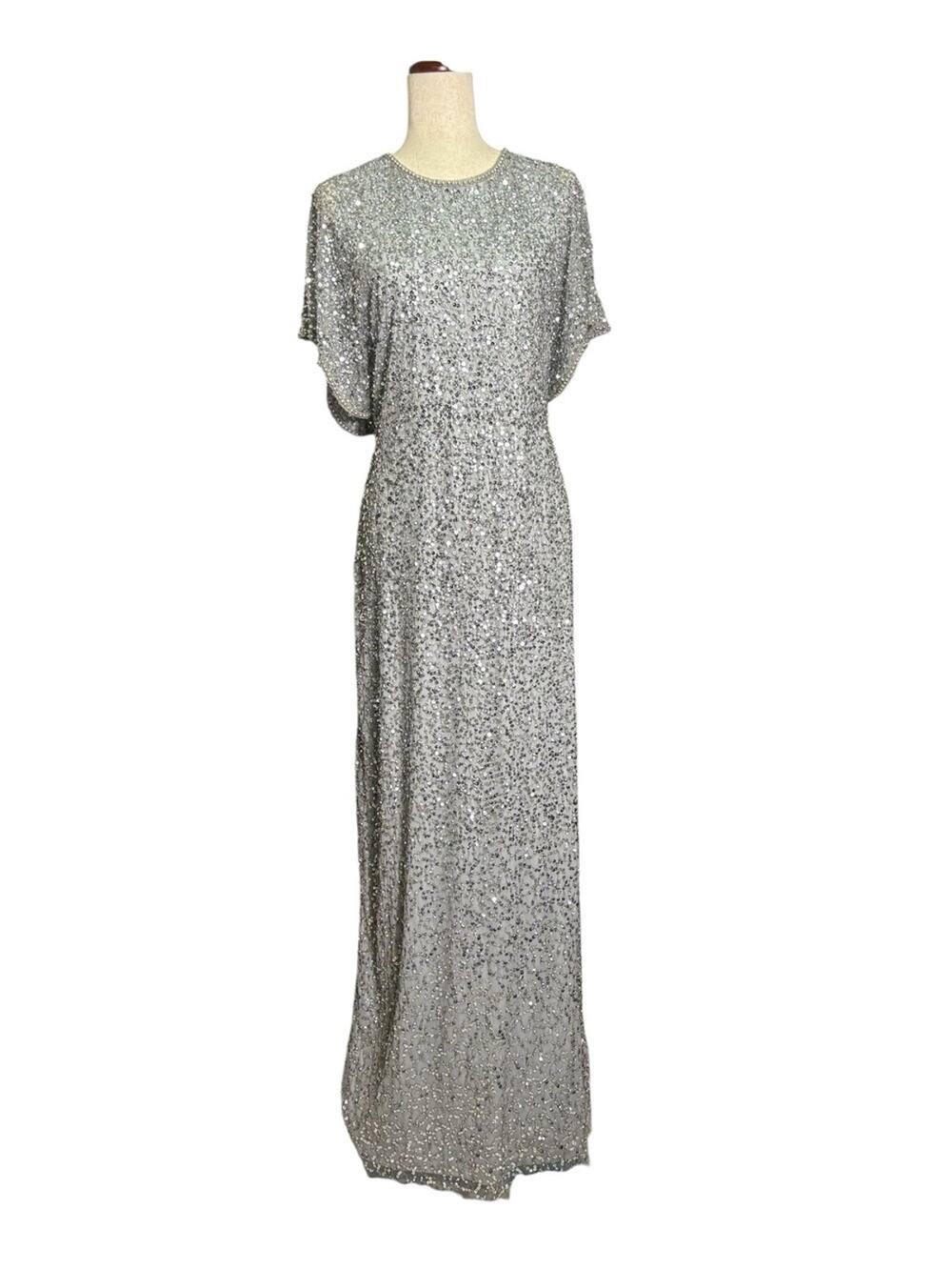 NWT Adrianna Papell Beaded Sequin Formal Evening Gown Silver Gray 18W B8